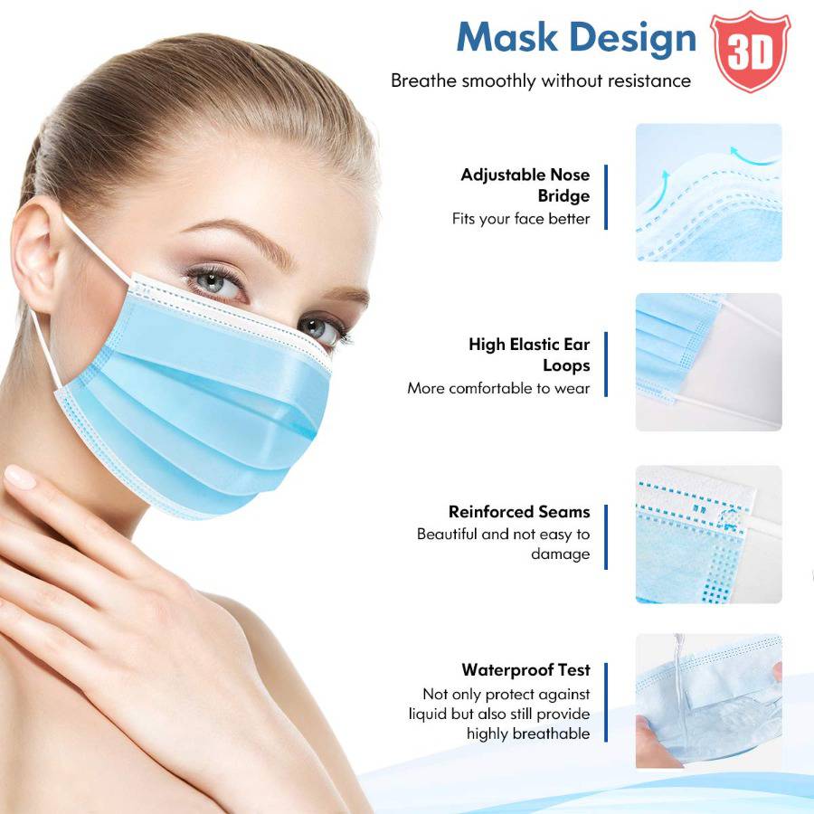 NEW Face Mask Disposable Adults 3Ply Non-Woven with Nose Clip Ear