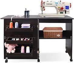 charaHOME Folding Sewing Table Multifunctional Sewing Machine Cart Table Sewing Craft Cabinet with Storage Shelves Portable Rolling Sewing