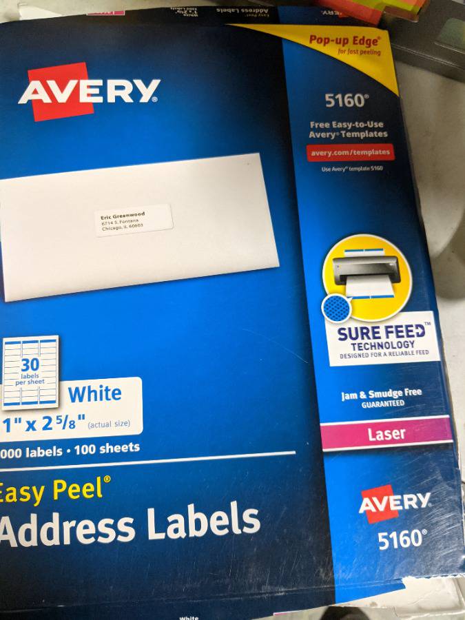 Avery 5160 Easy Peel Address Labels, White, 1 x 2-5/8 Inch, 3,000 Count  (Pack of 1)