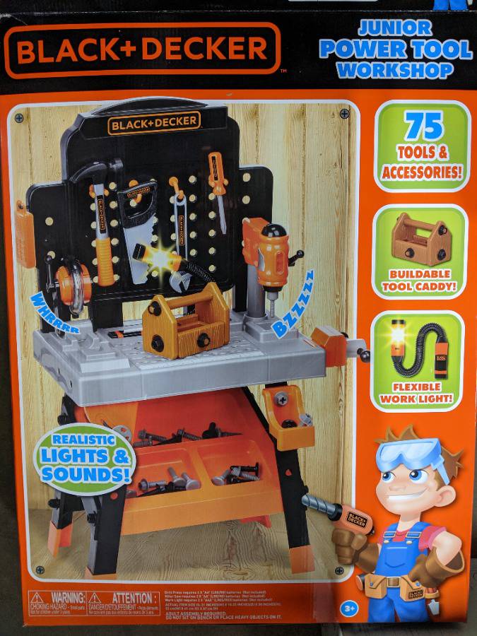 BLACK+DECKER Power Tool Workshop - Play Toy Workbench for Kids with Drill,  Miter Saw and Working Flashlight - Build Your Own Tool Box MSRP $76.99  Auction