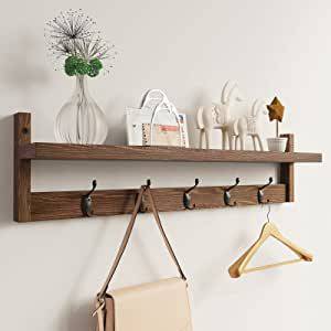 AMBIRD Wall Hooks with Shelf 28.9 Inch Length Entryway Wall Hanging Shelf  Wood Coat Hooks for Wall with Shelf Wall-Mounted Coat Hook Rack with 5 Dual  Hooks for Bathroom, Living Room, Bedroom (