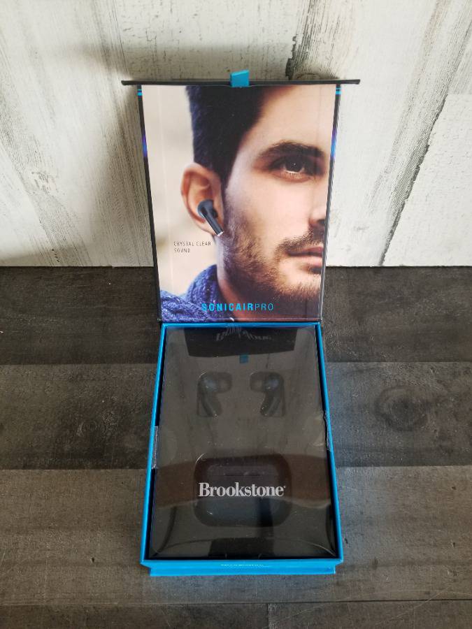 Brookstone Sonic Air Pro Blue Wireless Earbuds MSRP 120.00