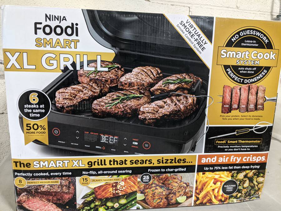 Ninja FG551 Foodi Smart XL 6-in-1 Indoor Grill with 4-Quart Air Fryer Roast Bake Dehydrate Broil and Leave-In Thermometer, with Extra Large Capacity