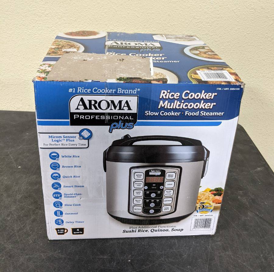 Aroma Housewares ARC-5000SB Digital Rice, Food Steamer, Slow, Grain Cooker,  Stainless Exterior/Nonstick Pot, 10-cup uncooked/20-cup cooked/4QT, Silver,  Black MSRP $69.99 Auction
