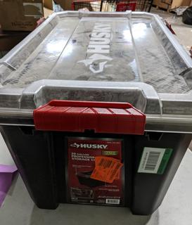 1) Husky 30 gal professional duty waterproof storage container with hinged  lid - Matthews Auctioneers