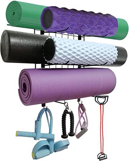 Yoga Mat Holder Wall Mount, UALAU Yoga Mat Foam Roller Rack with 3 Hooks, 4  Sectional Metal Yoga Mat Storage for Yoga Strap, yoga accessories,  Resistance Bands, For Fitness Class or Home