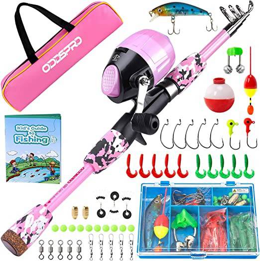 ODDSPRO Kids Fishing Pole Pink, Portable Telescopic Fishing Rod