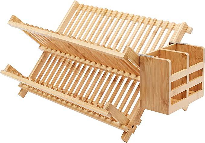 Basics Folding 2-Tier Bamboo Dish Drying Rack with Utensil Holder -  Collapsible, Natural MSRP $29.99 Auction