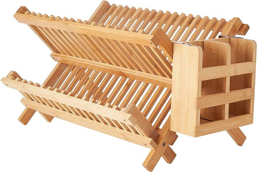 NOVAYEAH Bamboo Dish Drying Rack with Utensil Holder, Collapsible Wooden  Dish Drainer Rack, 3-Tier Large Folding Drying Holder for Kitchen Counter