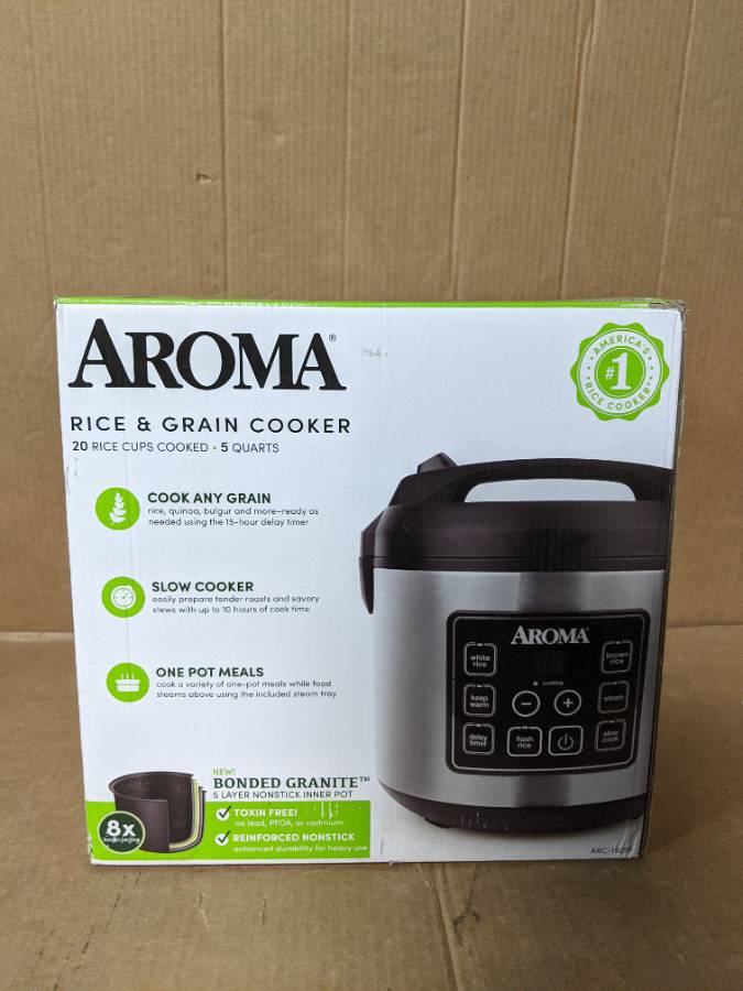 Aroma Housewares 20 Cup Cooked (10 cup uncooked) Digital Rice Cooker, Slow  Cooker, Food Steamer, SS Exterior (ARC-150SB),Black MSRP $48 Auction