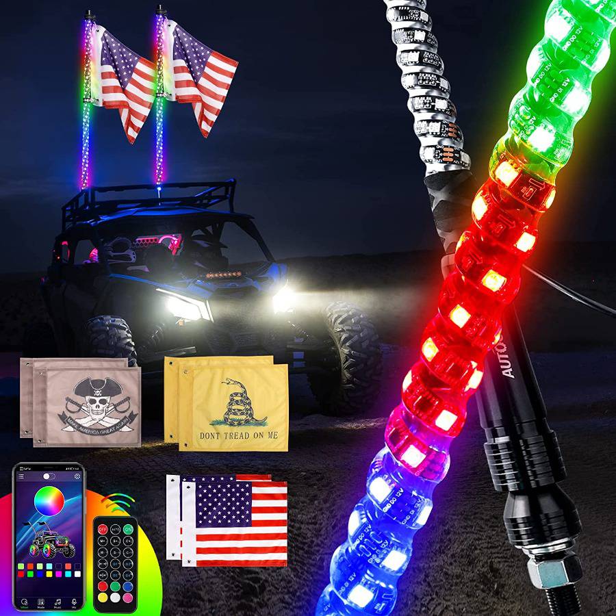 Whip Lights - AUTOOMMO 2Pcs 3FT Spiral RGB LED Chasing Whip Light with  American Gadsden Skull Flags Remote and APP Control 300 Flash Patterns for  UTV