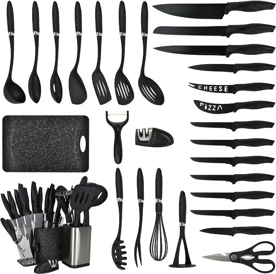 30 Pieces Knife Set and kitchen utensil set, silicone cooking utensils set  for kitchen essentials with Knife Sharpener, 11 Pcs black knife set,  Cutting Board essential knife and cutting board set MSRP