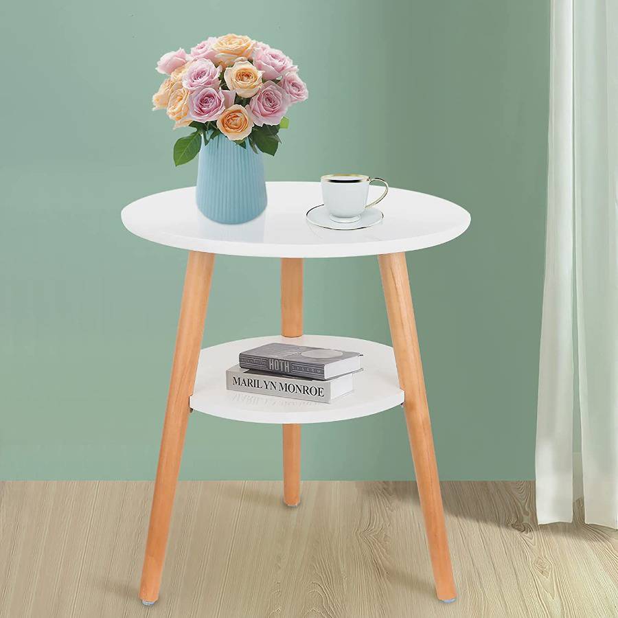 Small Round 2 Tier Wooden Side End Table for Small Spaces Bedroom